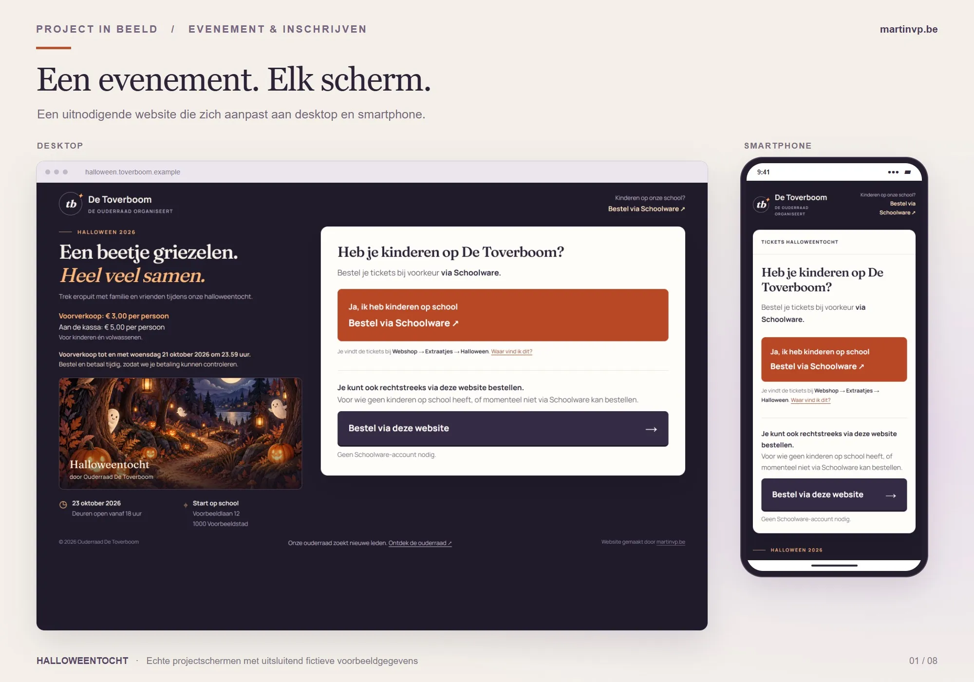 Halloweentocht: evenementenwebsite en ticketbestelling op desktop en smartphone met fictieve voorbeeldgegevens.