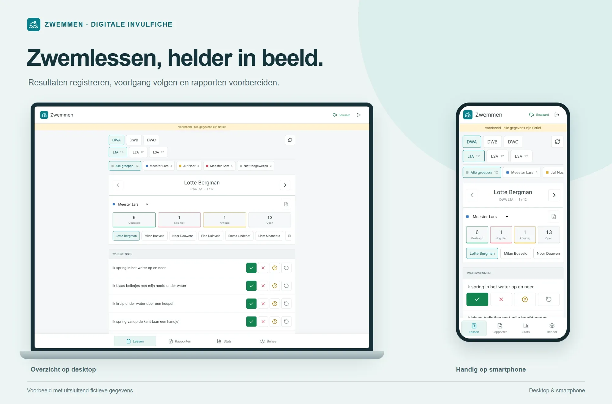 Digitale zwemfiche voor het registreren van zwemvaardigheden op laptop en smartphone, uitsluitend met fictieve gegevens.